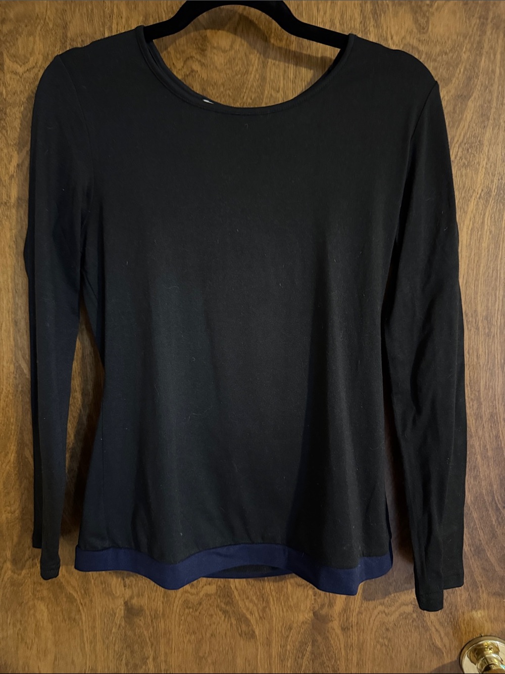 Women’s Black Long-Sleeve Tee with Navy Hem